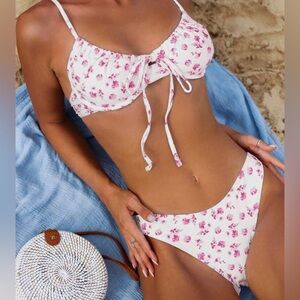 SHEIN pink and white floral bathing suit bikini set